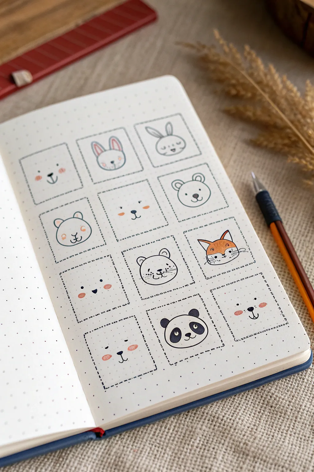 Minimal animal face doodle grid in bold pops of color, perfect for cute sticker style pages