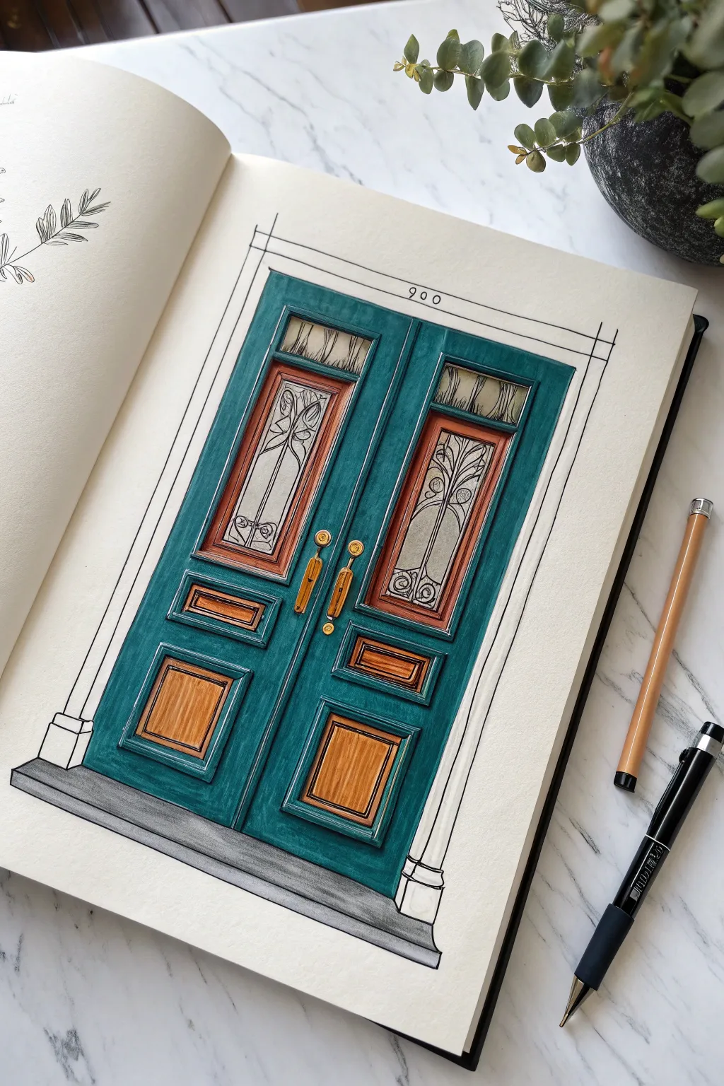 Symmetrical double door sketch with bold color blocks and simple steps for elegant balance