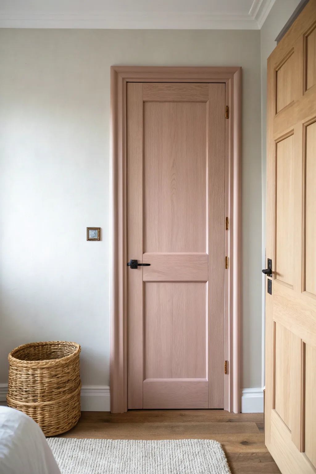 Soft muted blush bedroom door with warm wood accents for a calm, minimalist boho vibe.