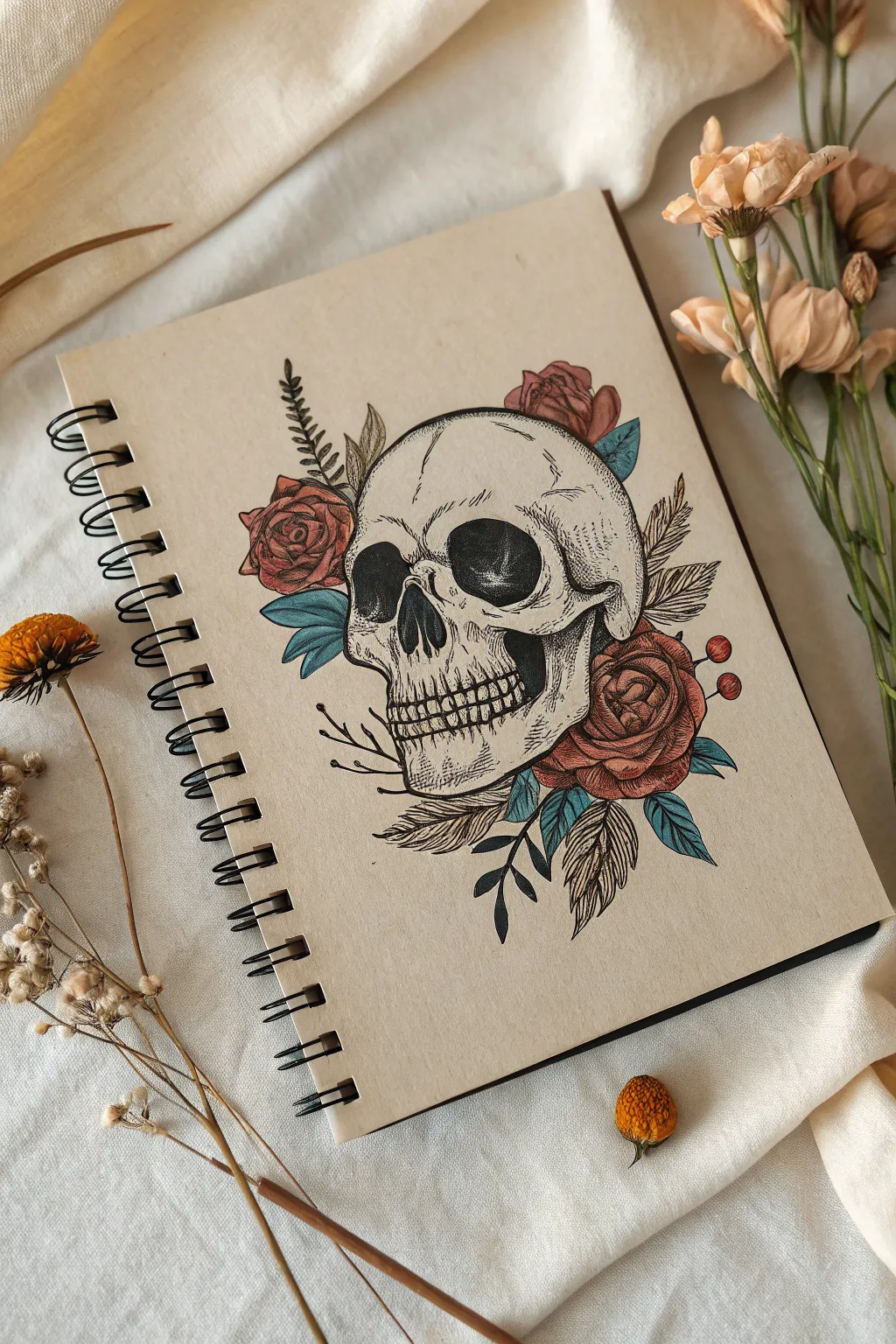 Moody skull sketch with swirling smoke and florals in bold minimalist boho style today