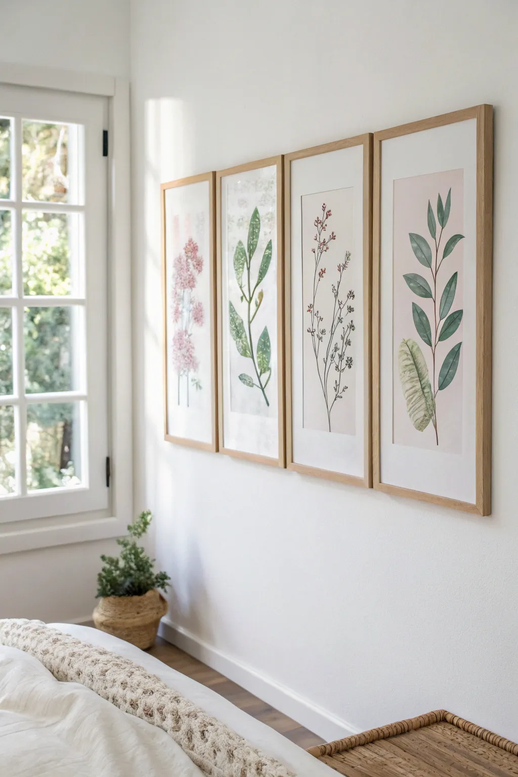 Soft watercolor botanicals in one simple oak frame, perfect calming art for dorm walls