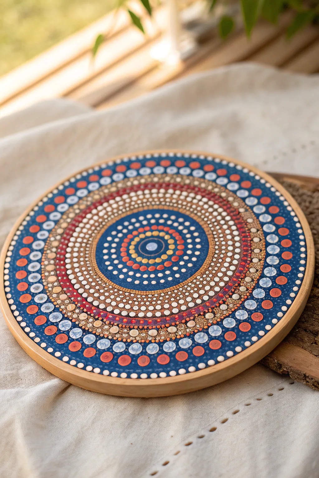 Mesmerizing concentric dot target in bold hues, crisp rings, minimal linen backdrop for calm contrast.