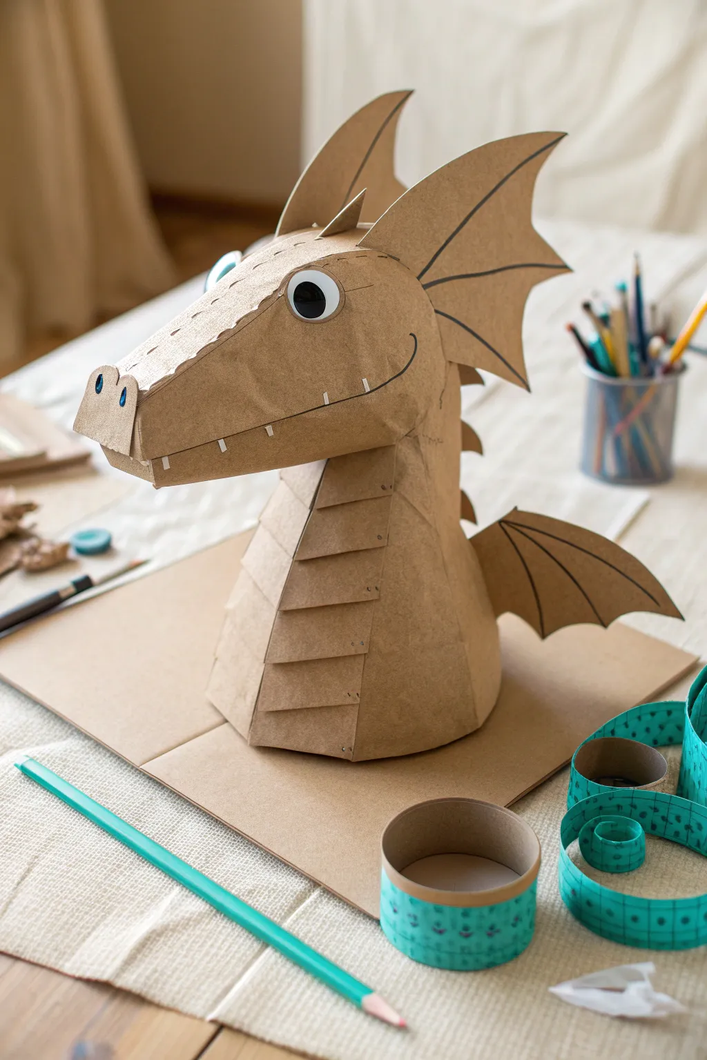 Rounded snout base with pencil curves and taped front piece for a sweet, friendly dragon puppet