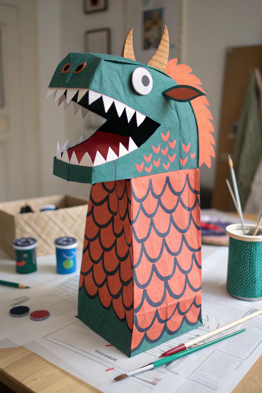 Bold painted scales bring this paper-bag dragon puppet to life on a creative tabletop.