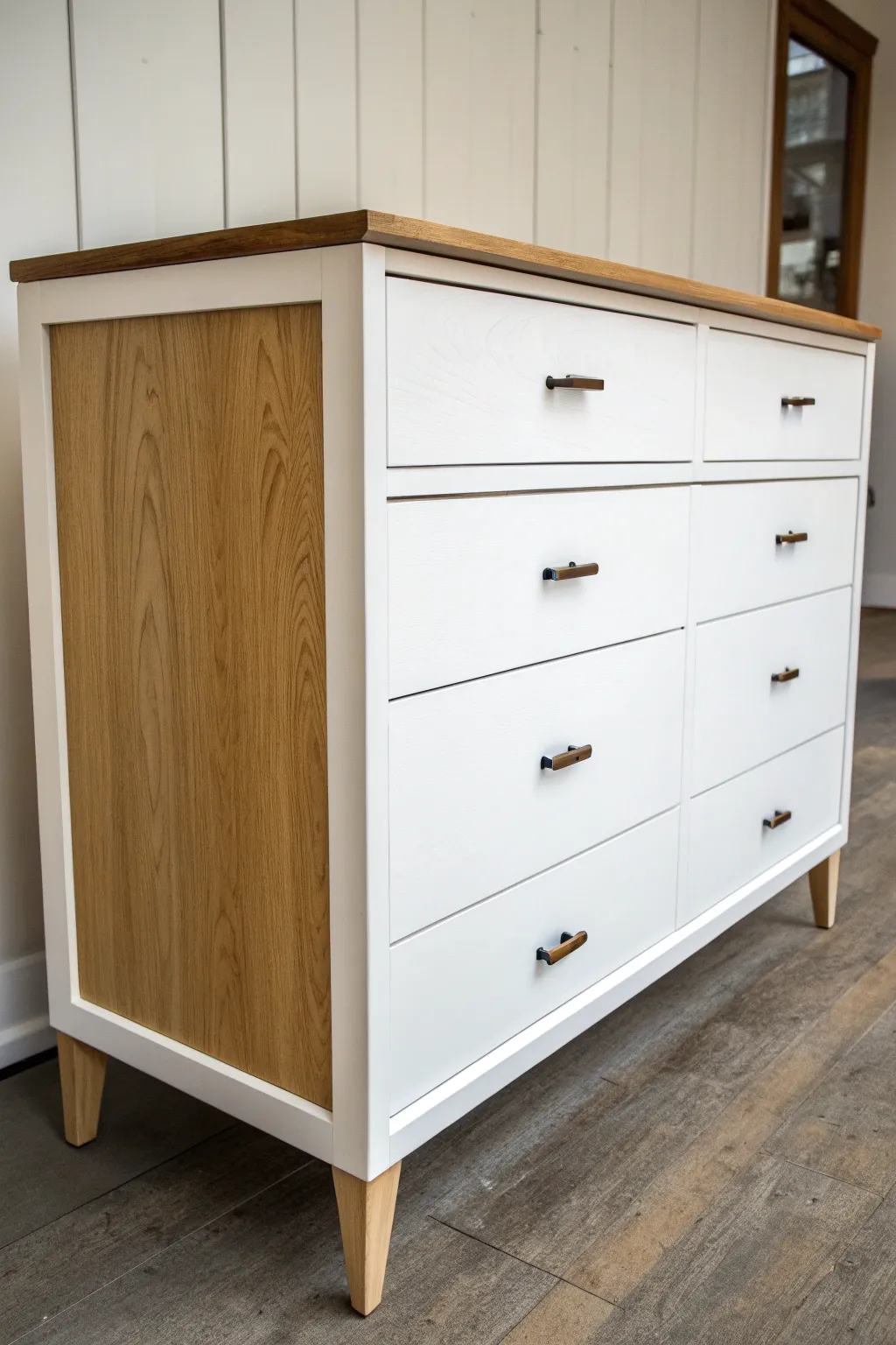 White matte drawers meet a warm wood top for a clean, cozy paint-and-wood balance.
