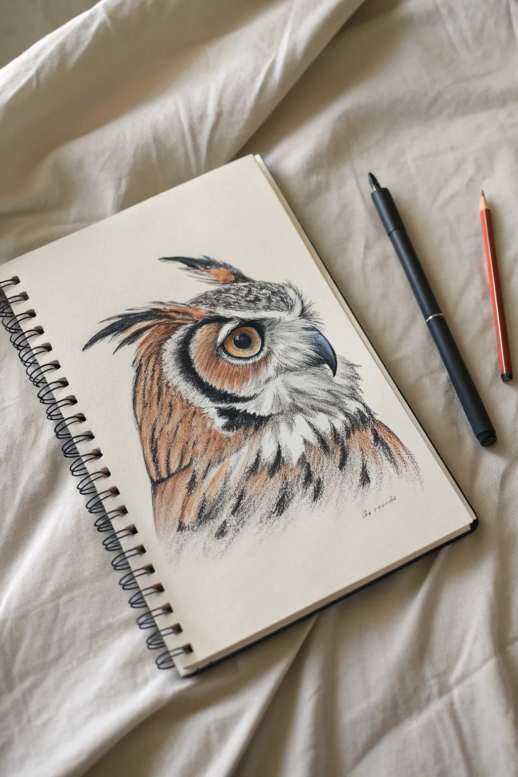 Owl face study with big glossy eyes, clean minimal lines, bold indigo and terracotta accents