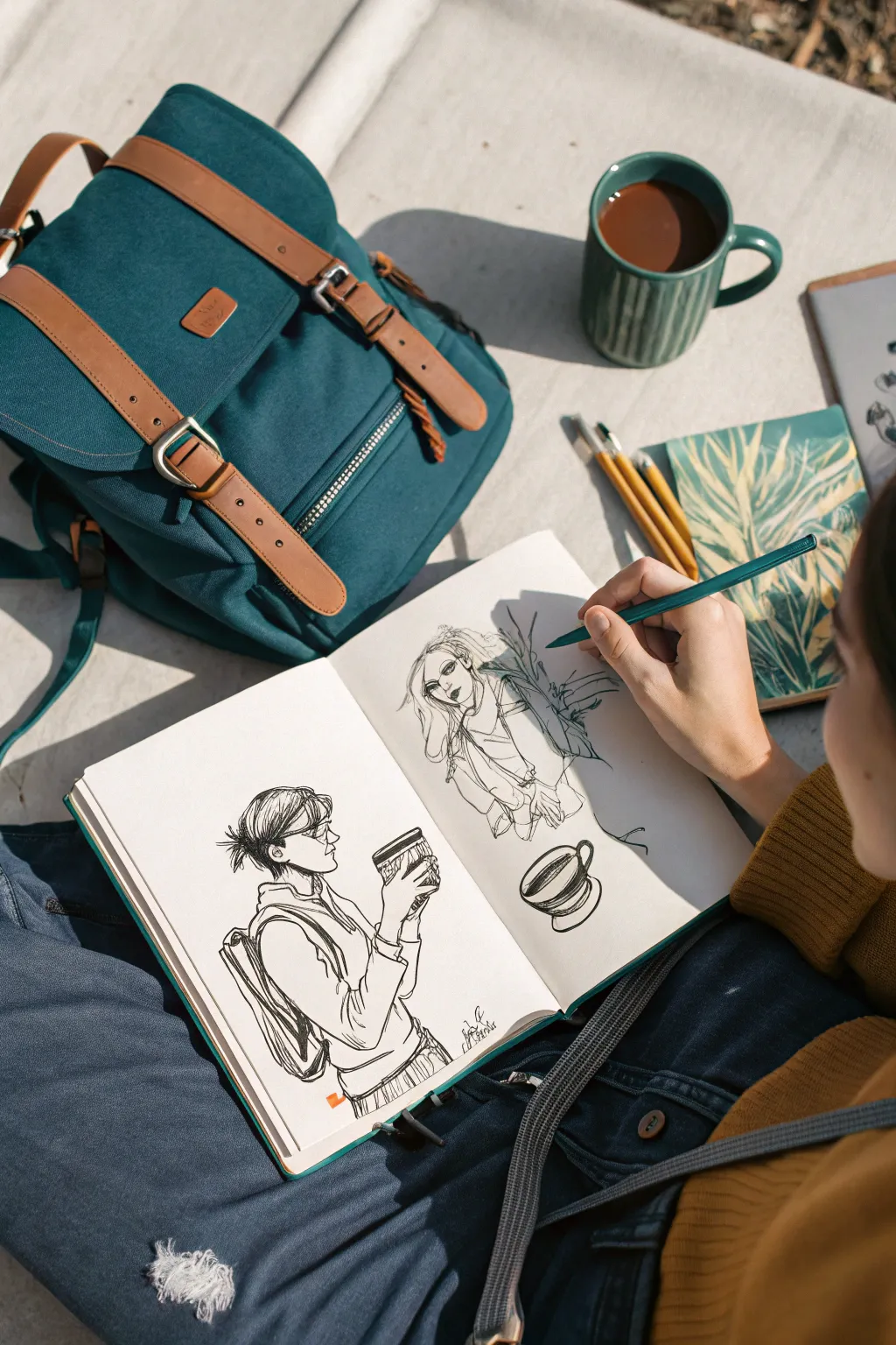 Minimal sketchbook close-up of character hands gripping everyday props, bold boho color accents