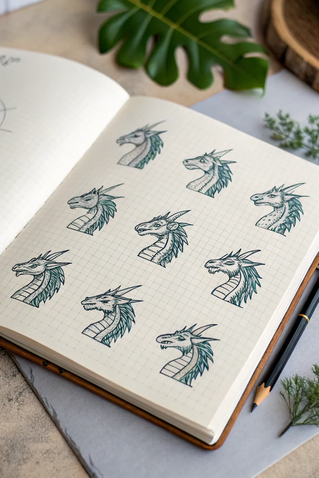 Sweet to savage dragon faces in a clean expression grid, bold accents and crafted minimal style.