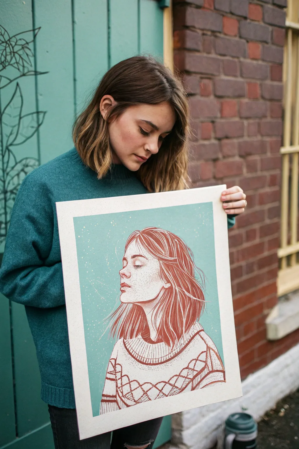 3/4 over-the-shoulder girl portrait in bold minimalist colors, calm and feminine drawing inspo