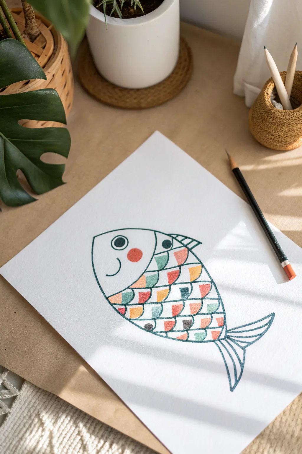 Smiling fish with fun pattern scales, a simple and colorful drawing idea kids can copy easily