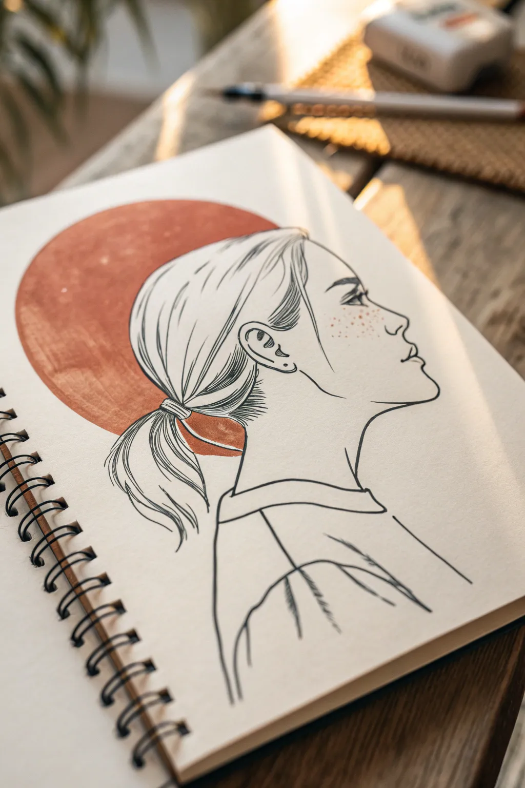 Minimal girl side profile sketch with clean nose and lips, bold line art, soft boho accent