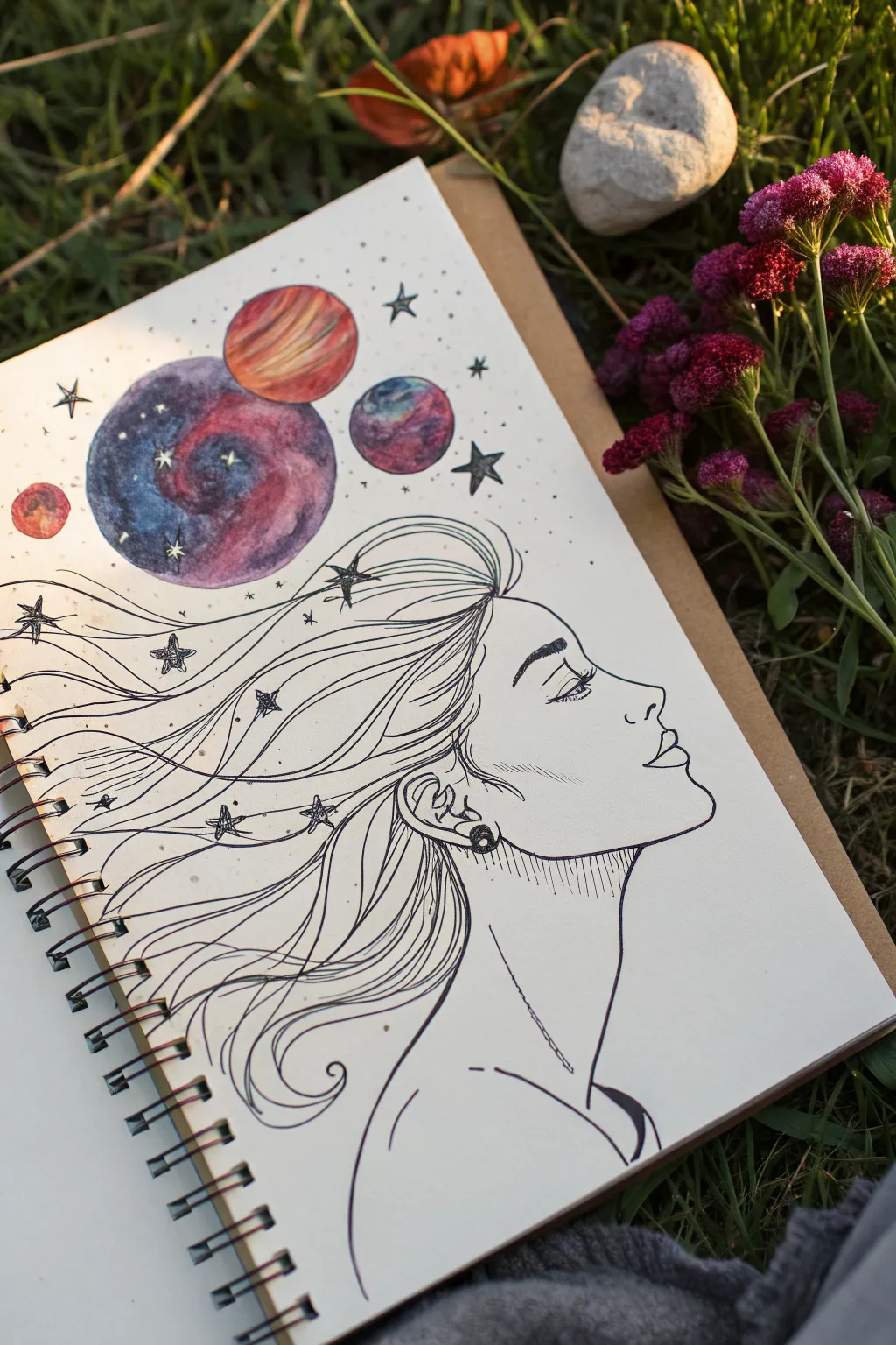 Dreamy profile sketch where swirling hair becomes a nebula of planets, petals, and ladders