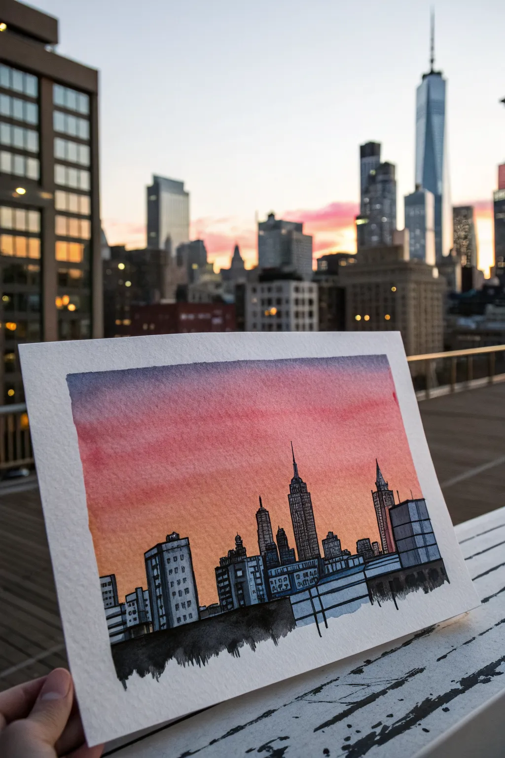 Simple skyline line art with a bold watercolor dusk wash—easy drawing-to-paint inspiration.