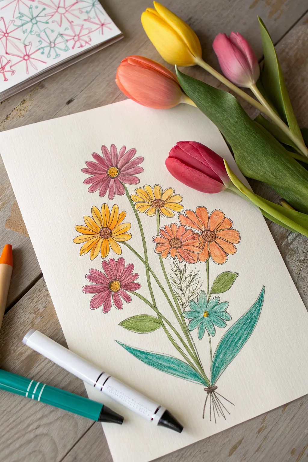 Bright marker bouquet with crisp outlines and airy white space for minimalist drawing inspiration