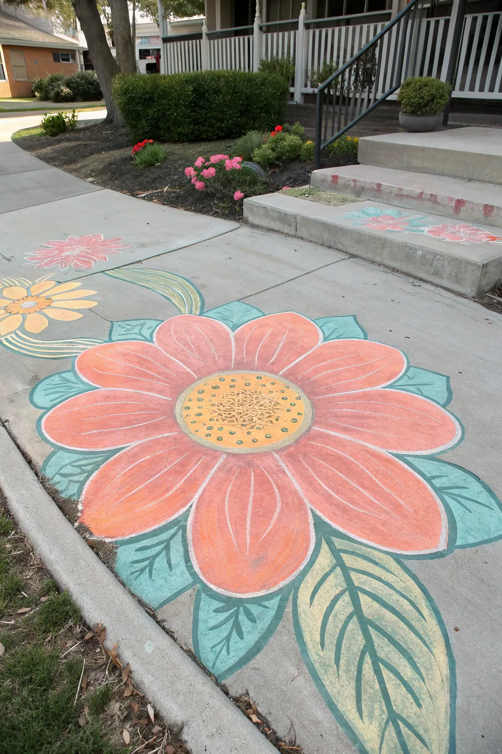 Big bloom sidewalk chalk garden with bold petals and a tiny sitter for playful scale