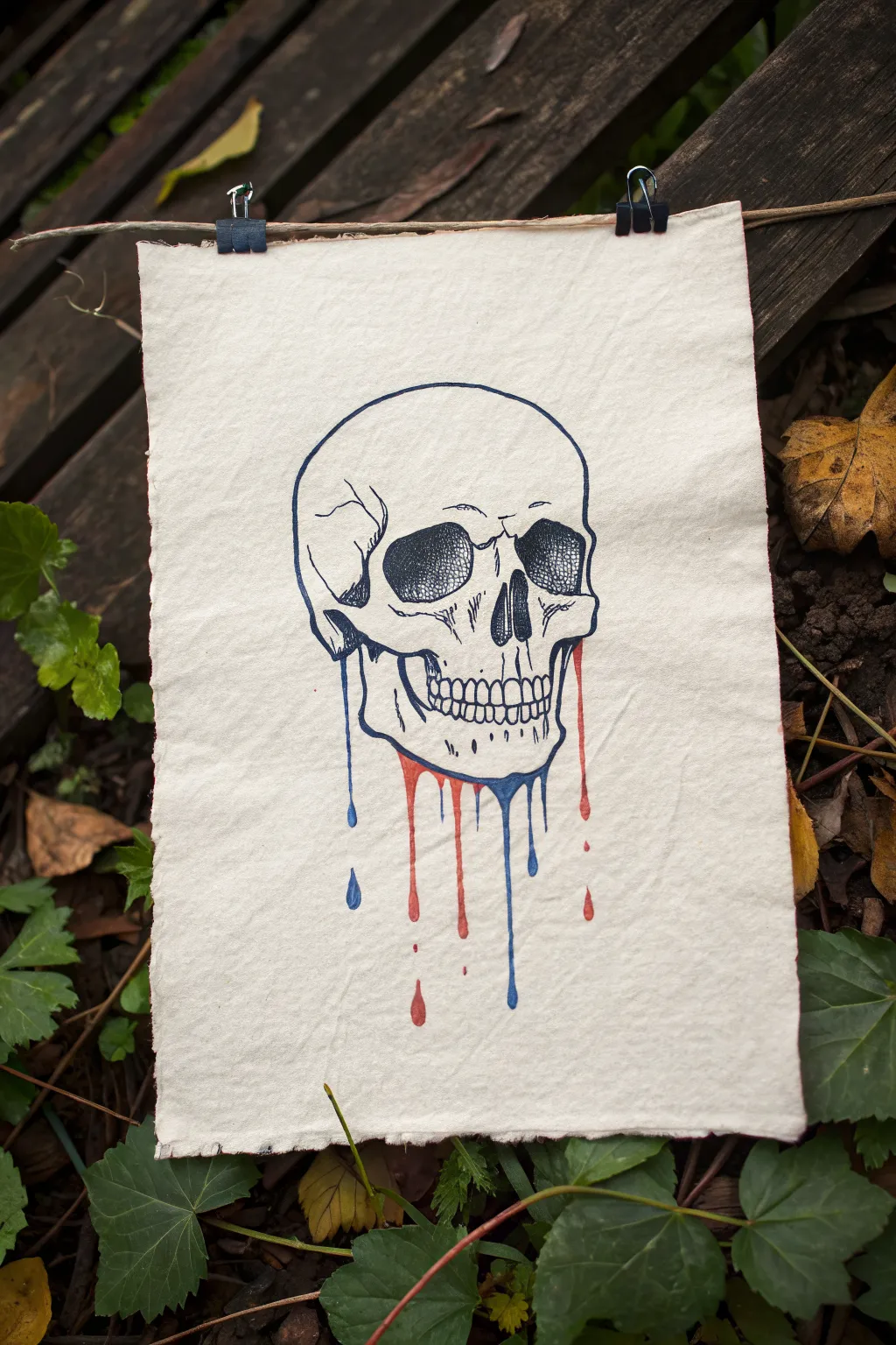 Minimal skull drawing with bold glossy paint tears and melting drips in a chic Nordic-boho style