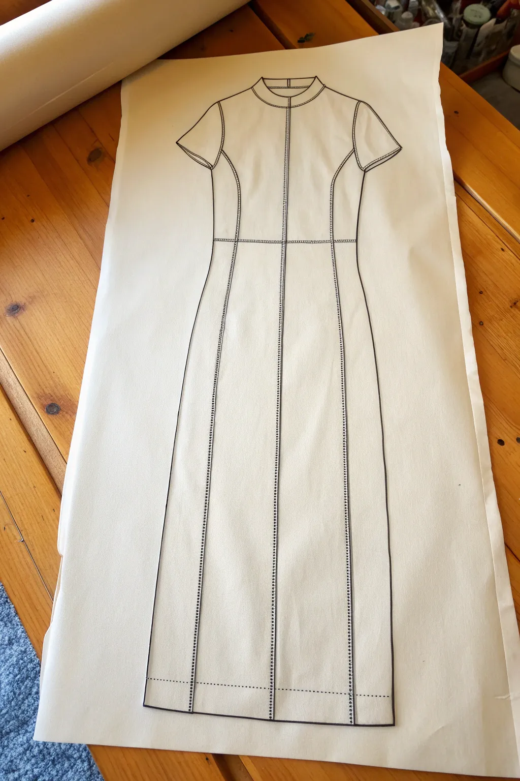 Sleek column gown sketch with minimal seams, crisp lines, and a bold terracotta accent