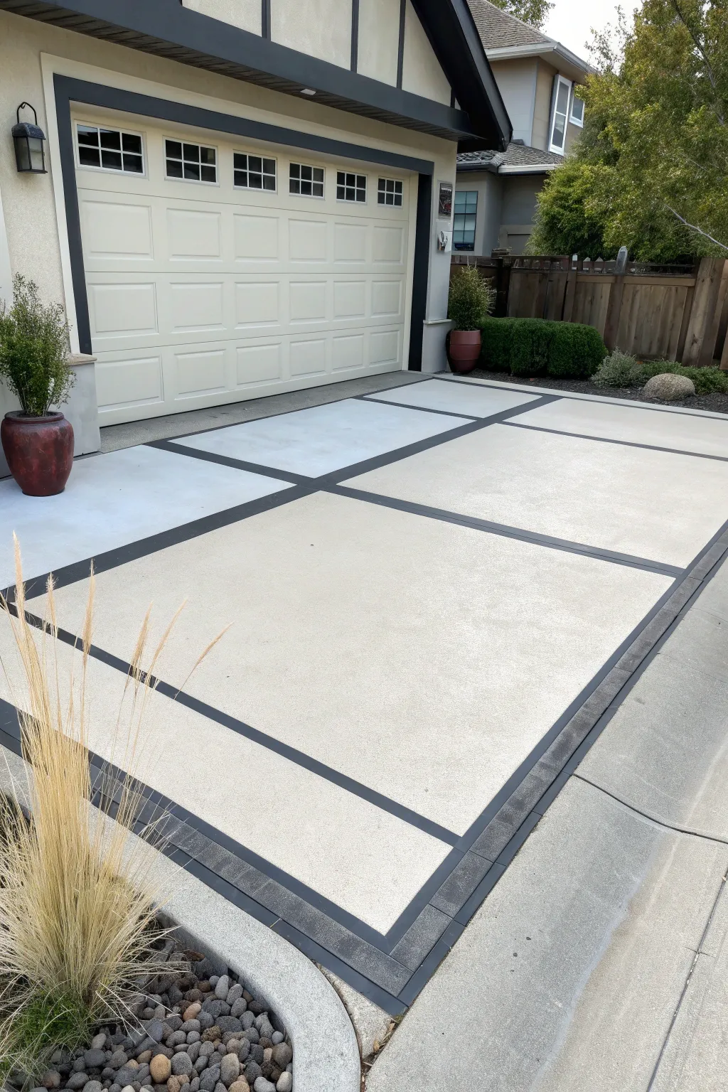 Light center, bold charcoal border: a two-tone frame that makes any driveway look custom.