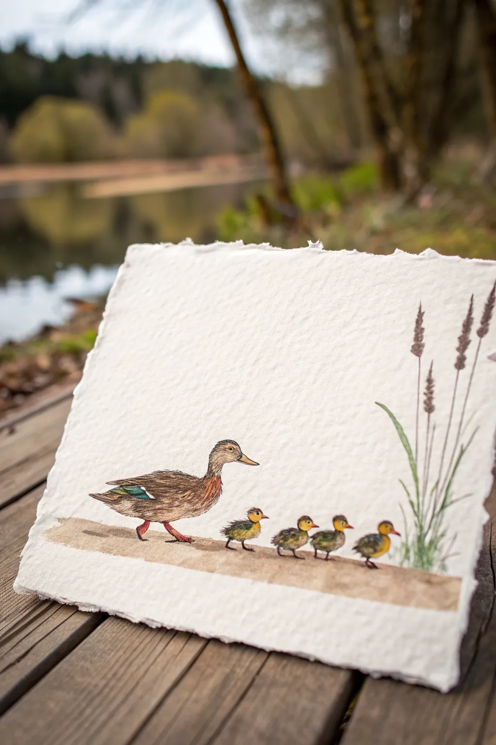 Paint a sweet duck family parade in bold color: parent duck leading ducklings in a curved line