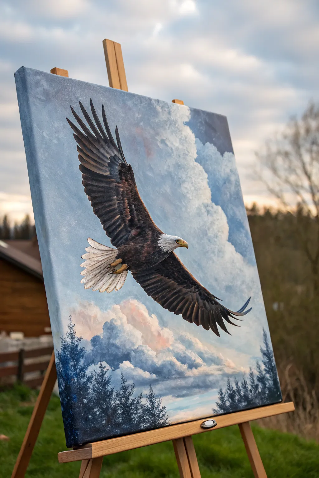 Bold eagle soaring over layered clouds, minimalist boho palette for a striking focal piece.