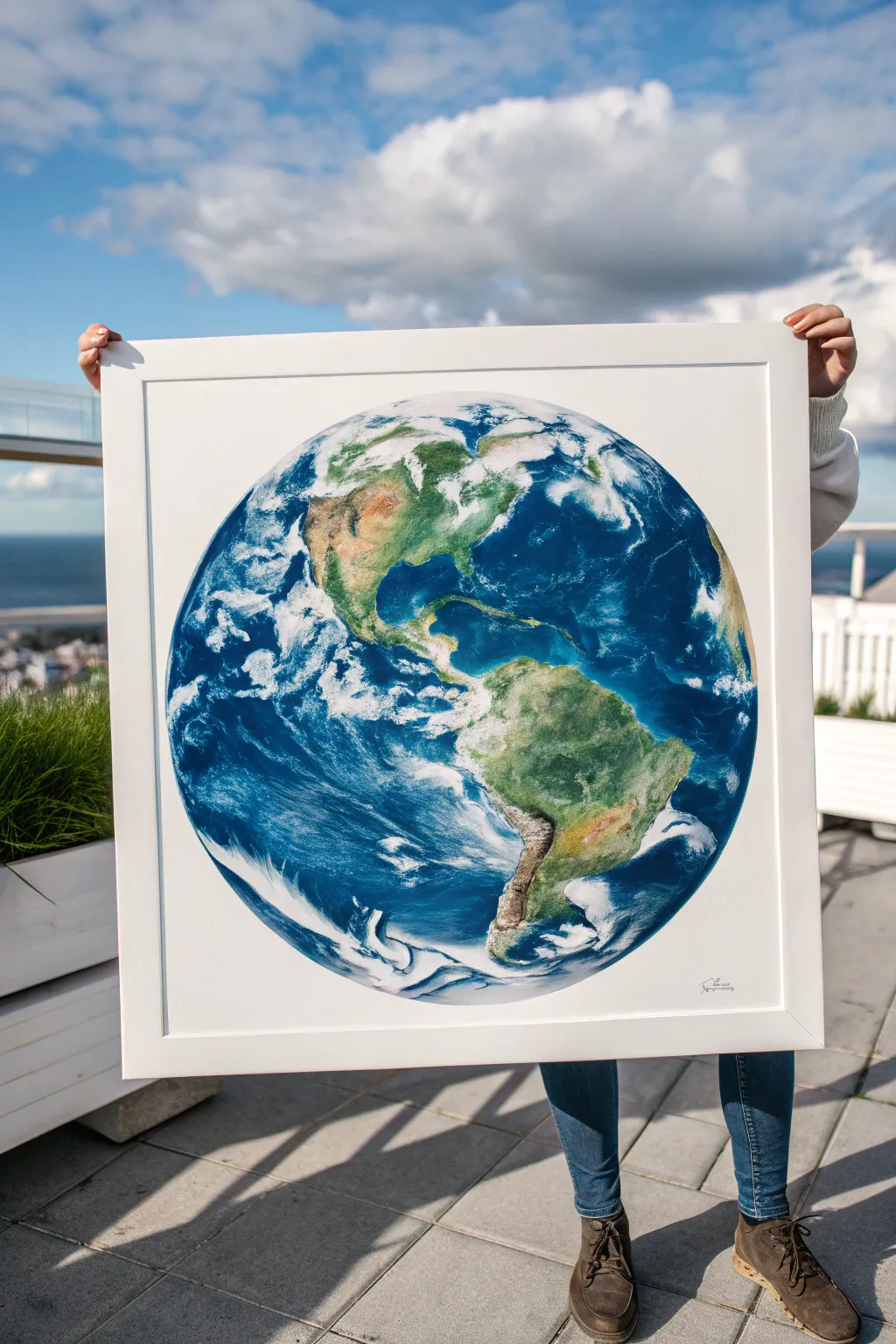 Earth with dreamy puffy cloud swirls, bold blues, and a calm minimalist boho look.