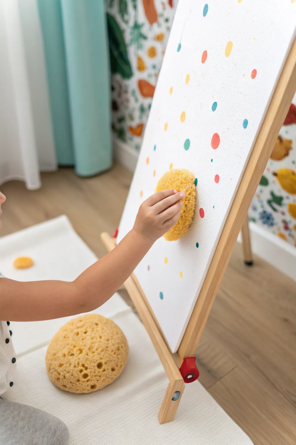 Sponge-dab confetti dots on easel paper for a simple, colorful preschool painting activity