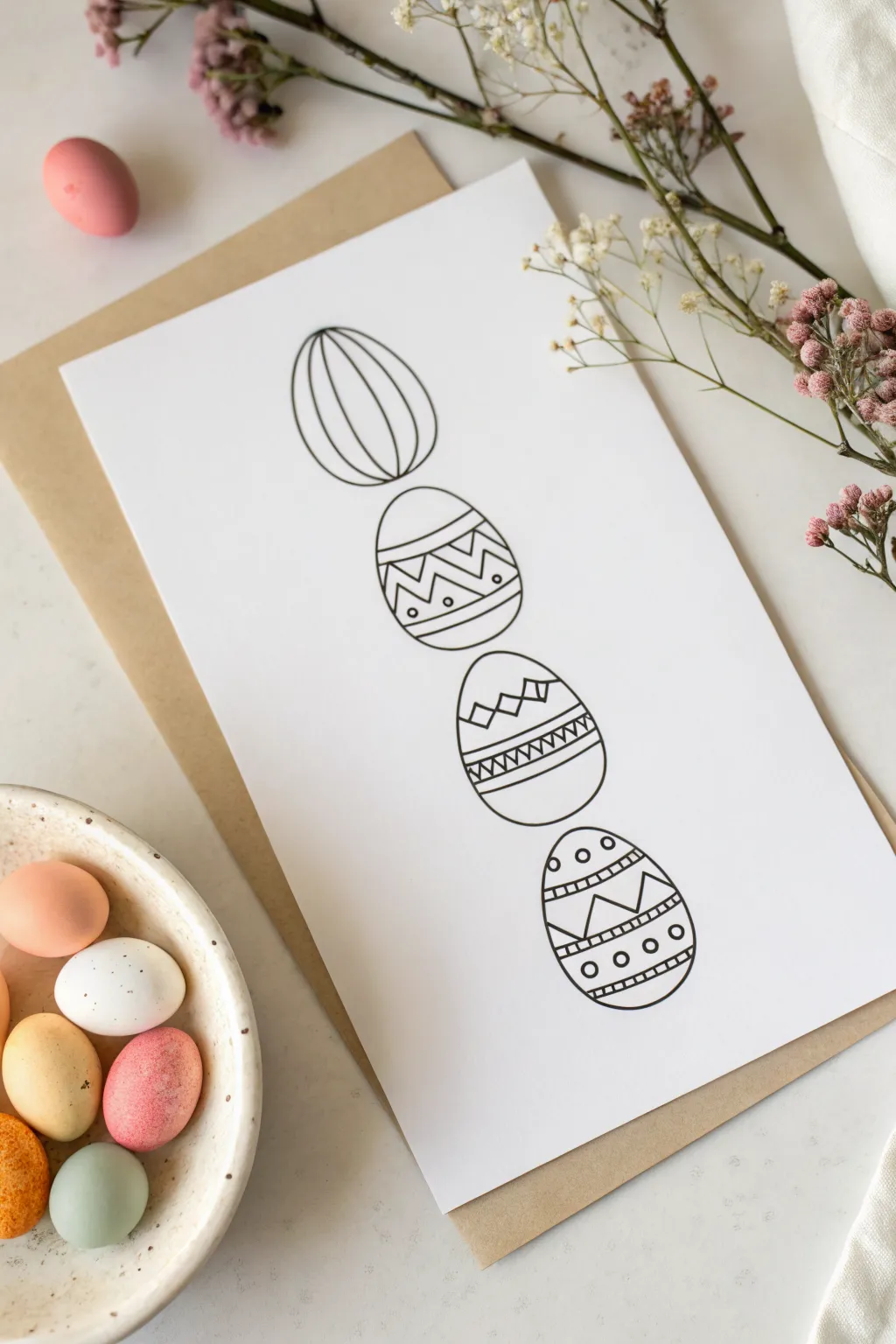 Easy stacked Easter eggs tower drawing idea with bold minimalist patterns and boho color pop
