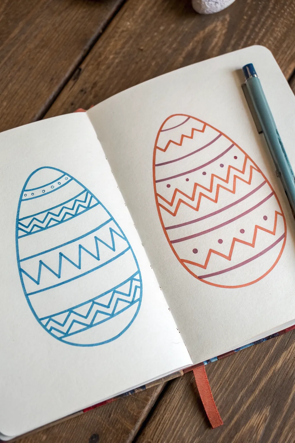 Minimal Easter egg drawing ideas: bold zigzags and soft waves in striking boho colors.