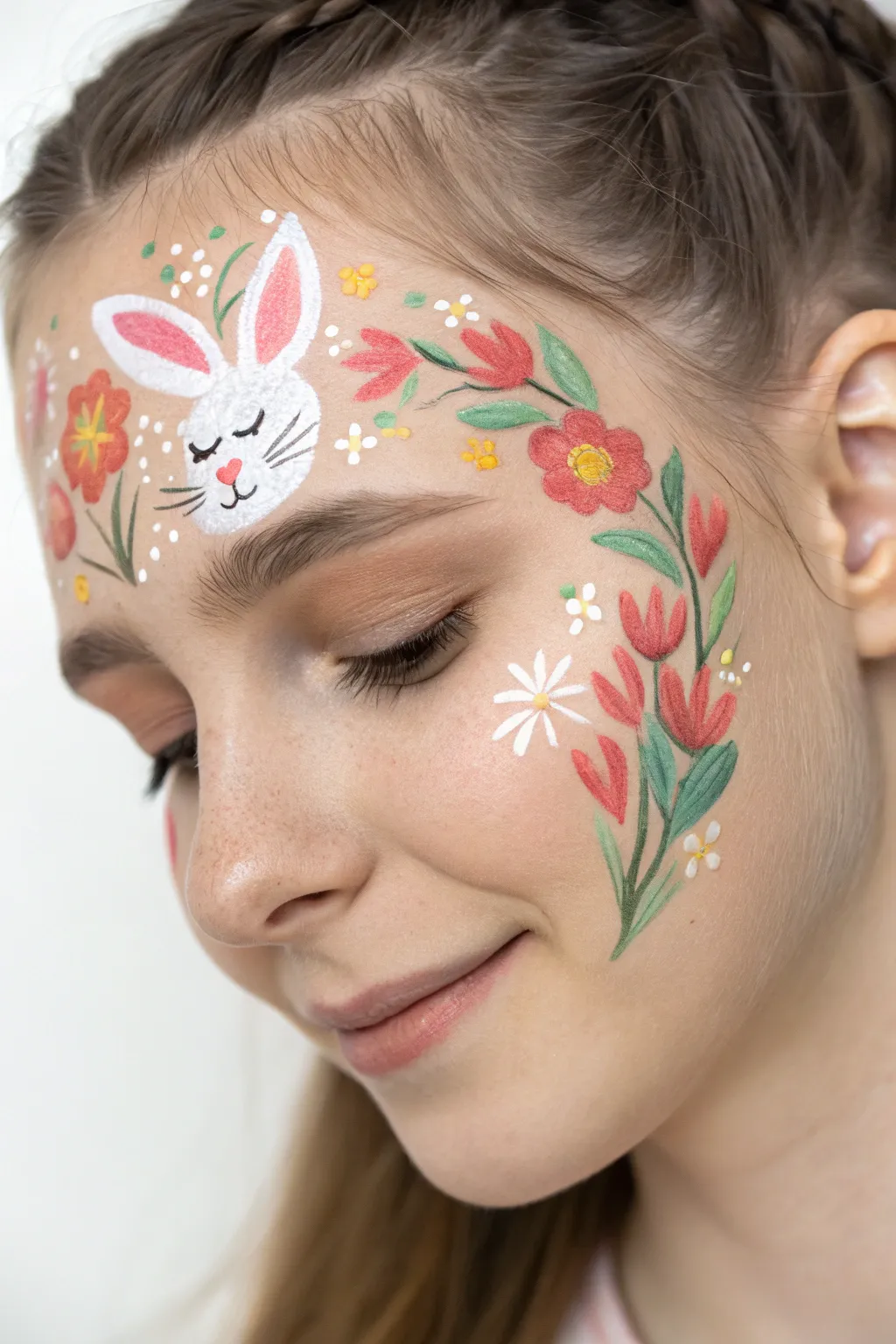 Peekaboo bunny forehead face paint with pastel spring flowers, minimalist boho Easter vibe