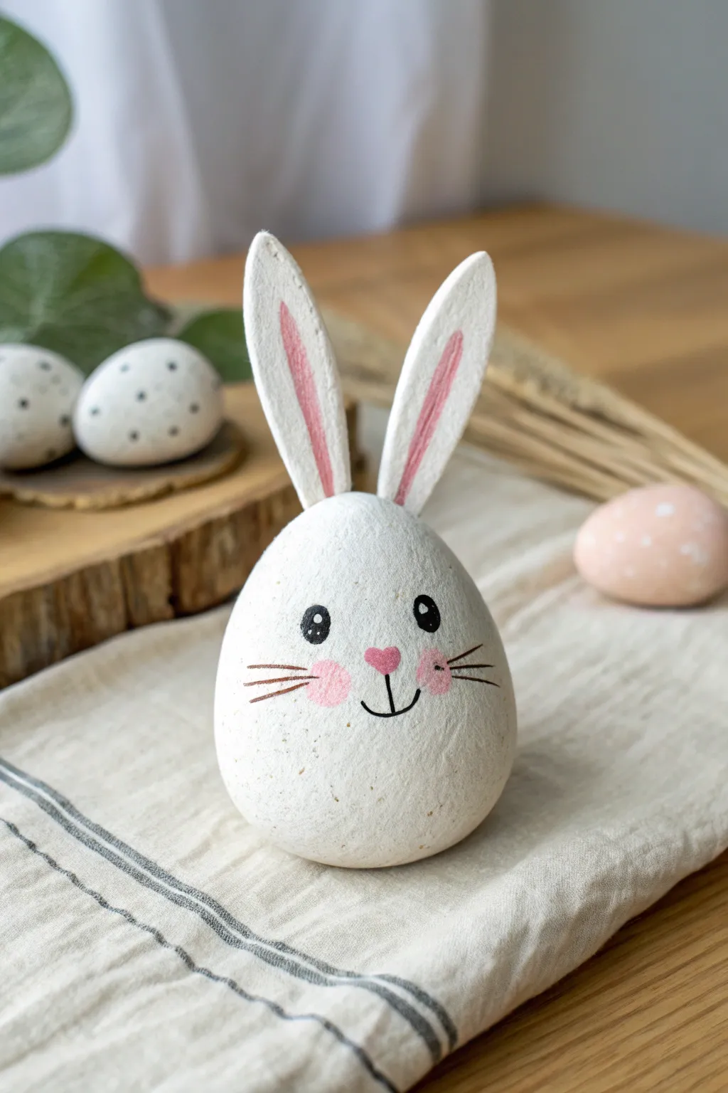 Cute bunny face rock with big ears and rosy cheeks, easy minimalist boho Easter craft idea