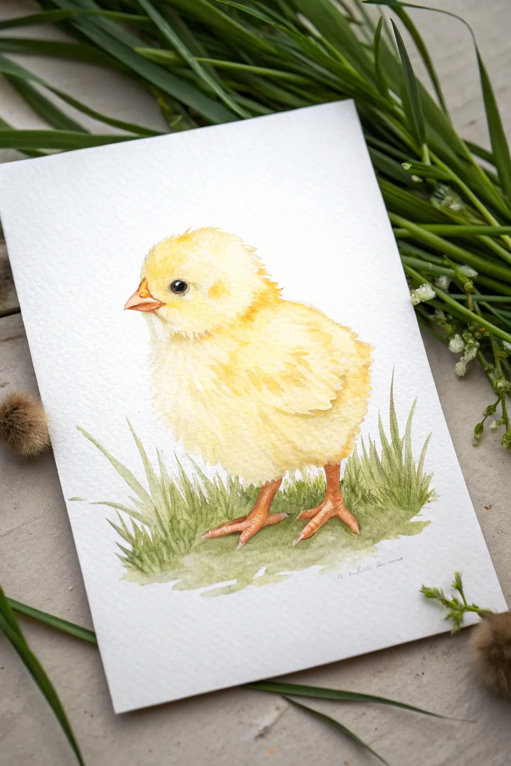 Fluffy baby chick watercolor study in sunny yellows with a minimal spring-green grass hint