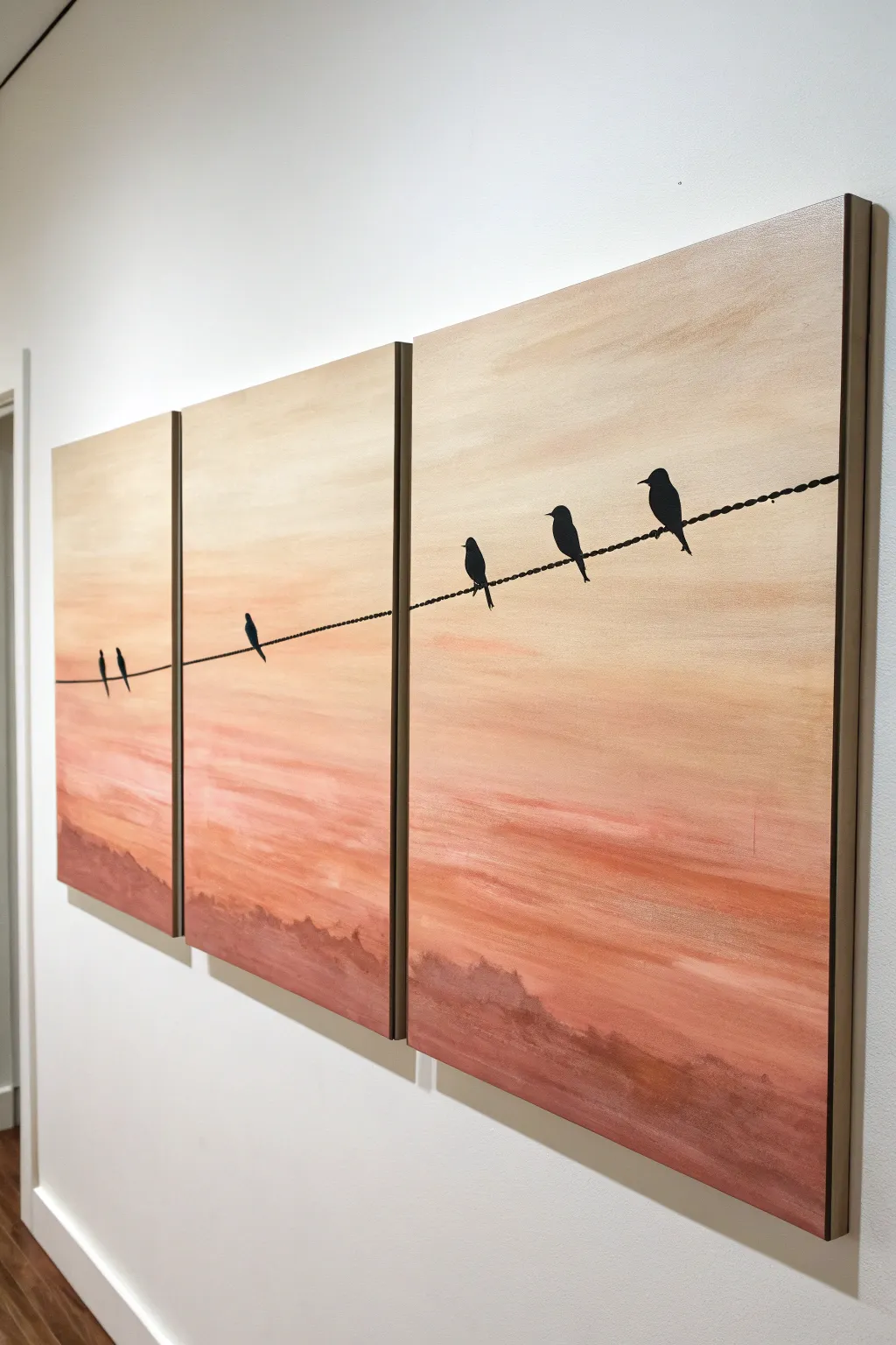 Simple triptych idea: birds on a wire with a bold sunset blend and clean Scandinavian vibes.