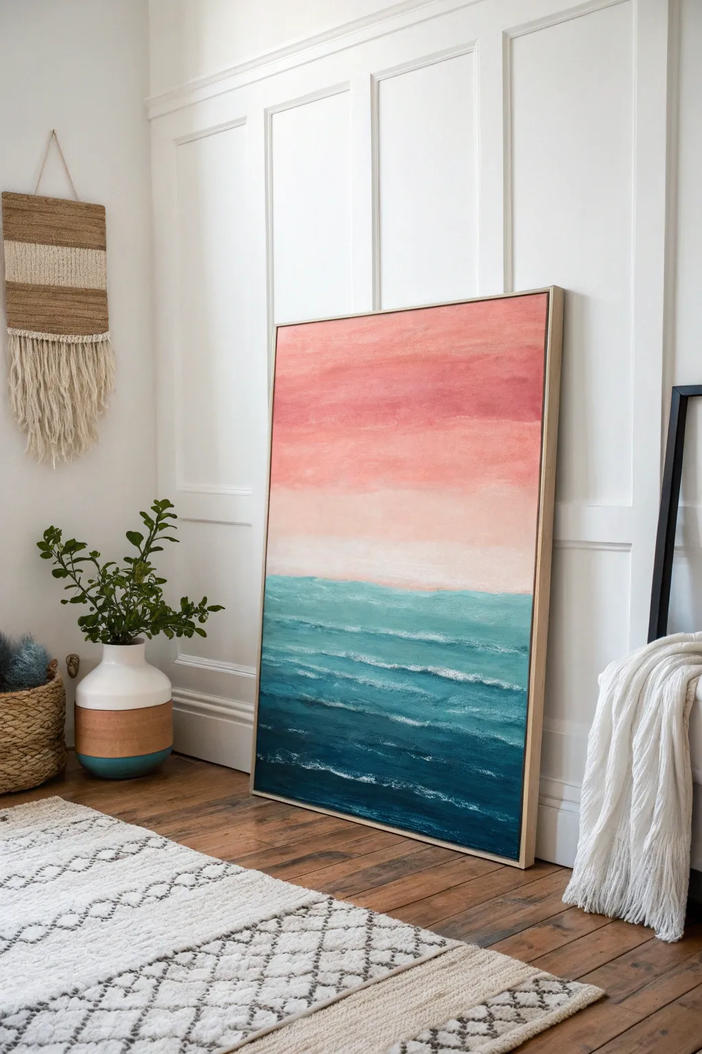 Soft horizon gradient abstract canvas in an airy Scandi space, soothing blend with bold contrast.