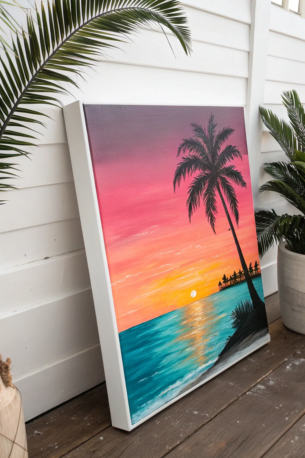 Easy acrylic beach horizon: glowing sunset gradient with bold palm silhouette, minimalist vibe