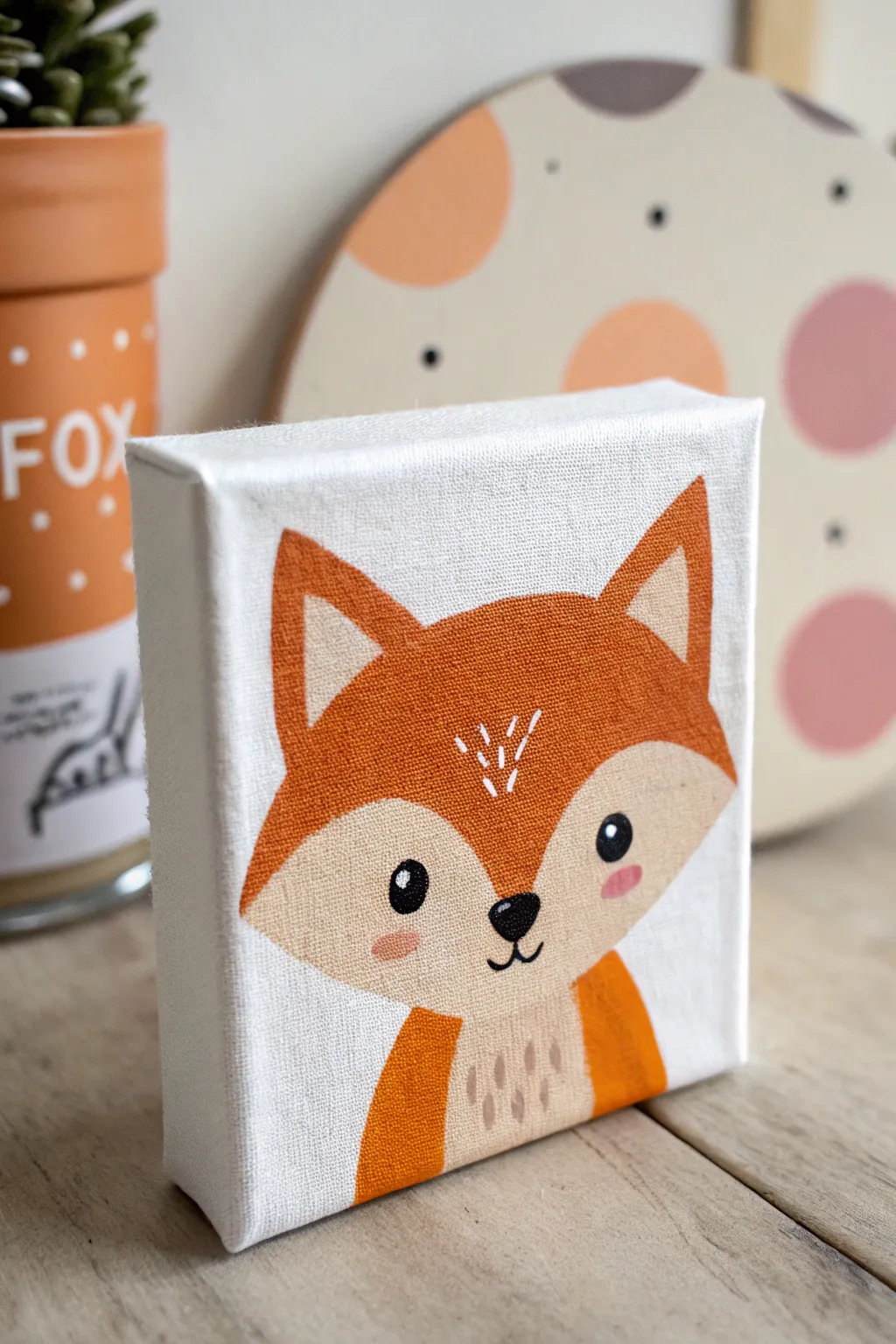 Warm, friendly fox face acrylic painting kids can copy with simple shapes and bold color blocks