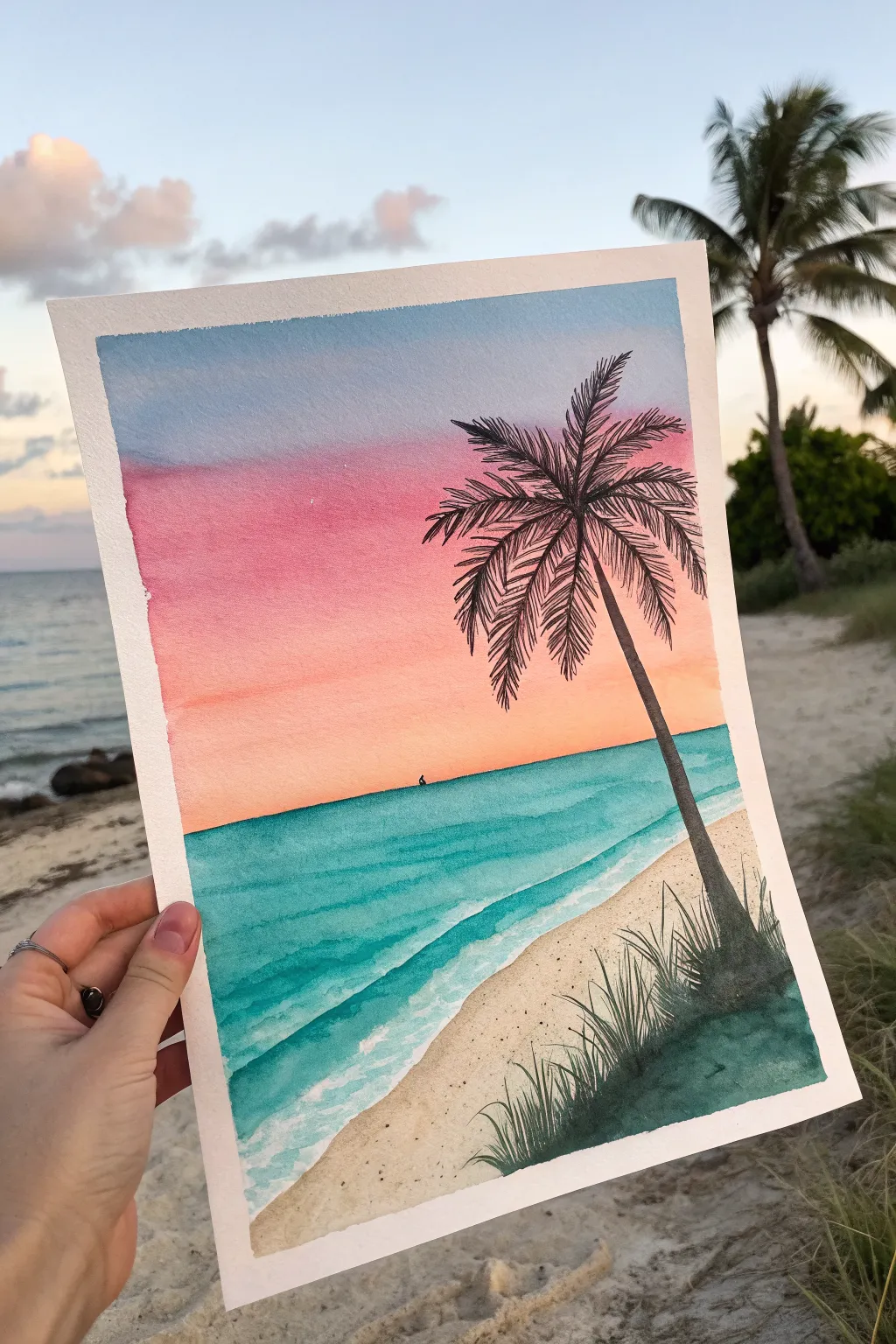 Easy tropical airbrush bands: sunset sky, teal ocean, sandy beach, and a palm silhouette