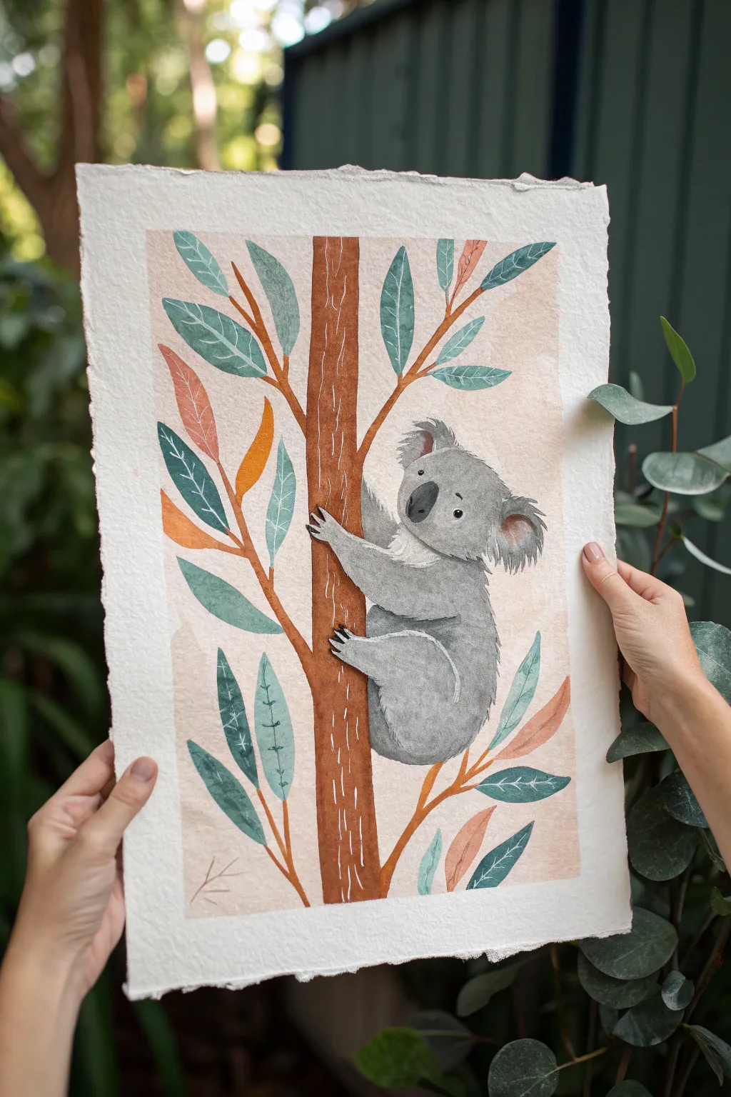 Simple koala tree-hugger painting with rounded shapes and calm boho-minimal palette