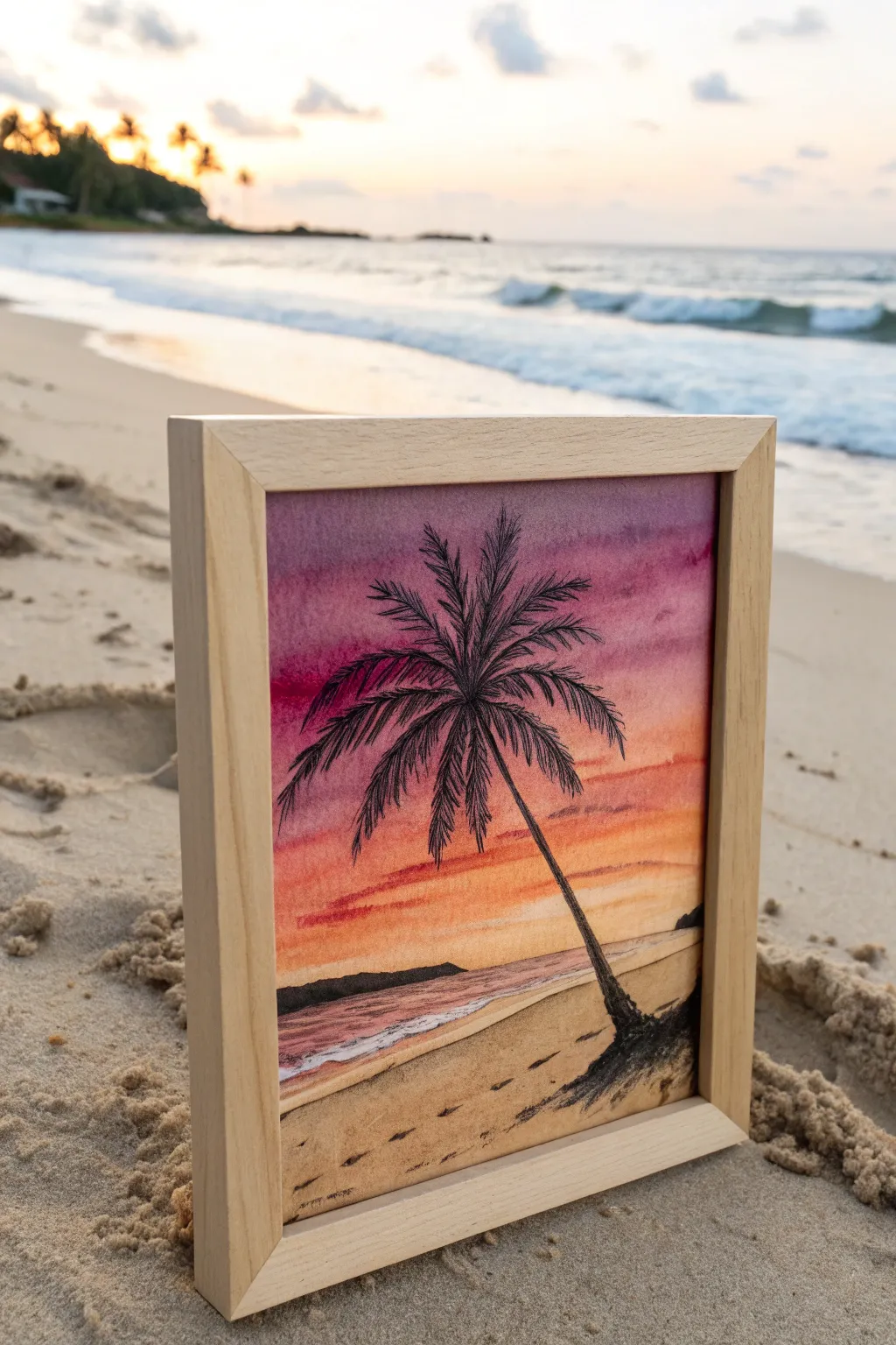 Minimal palm tree silhouette on a bold sunset gradient with simple waves for easy beach art.
