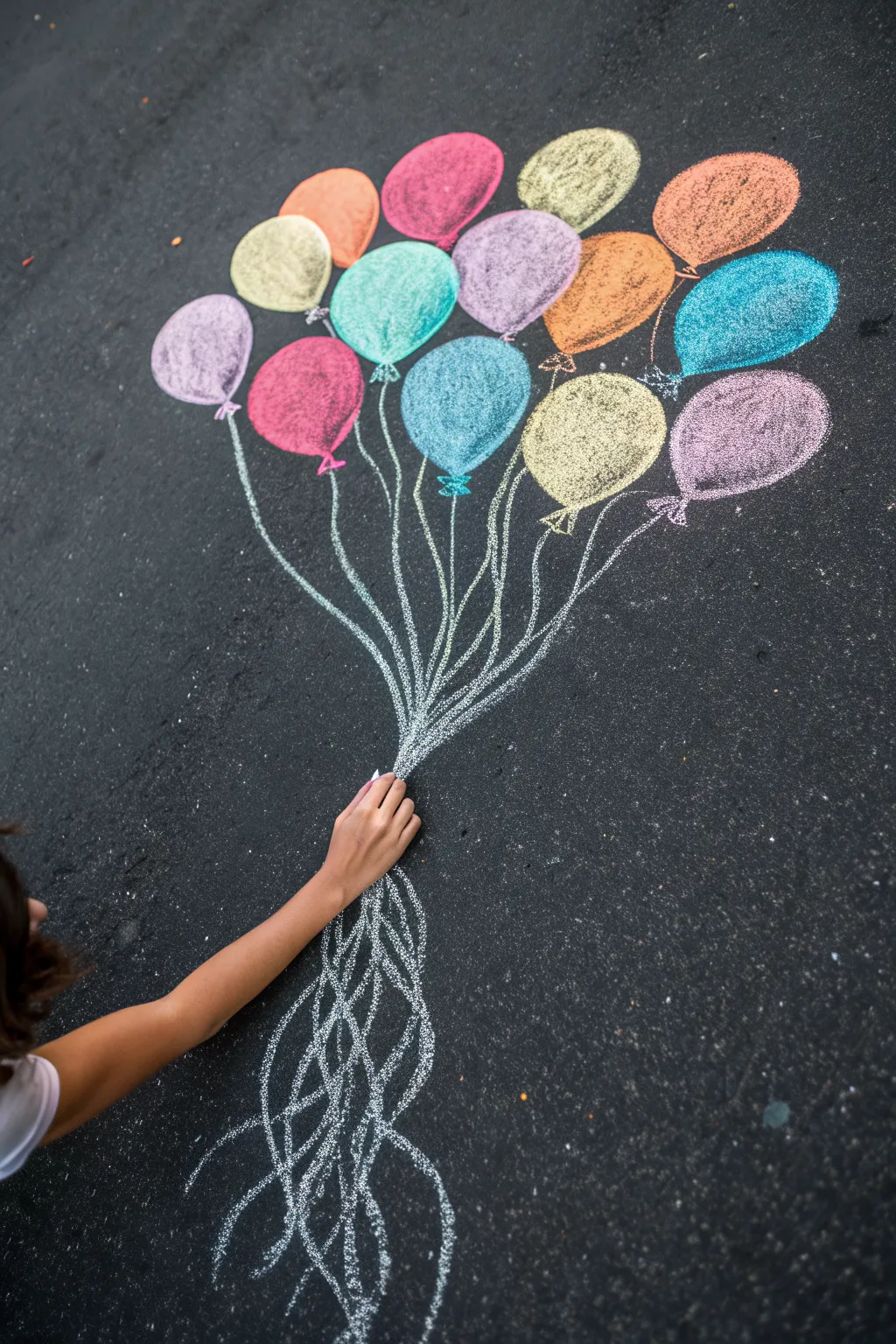 Easy chalk balloon bouquet: bright colors, curly strings, and a blank spot to hold them.