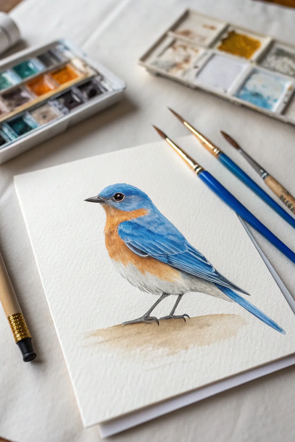 Bluebird basics: oval body and teardrop wing in bold primary hues on clean white paper