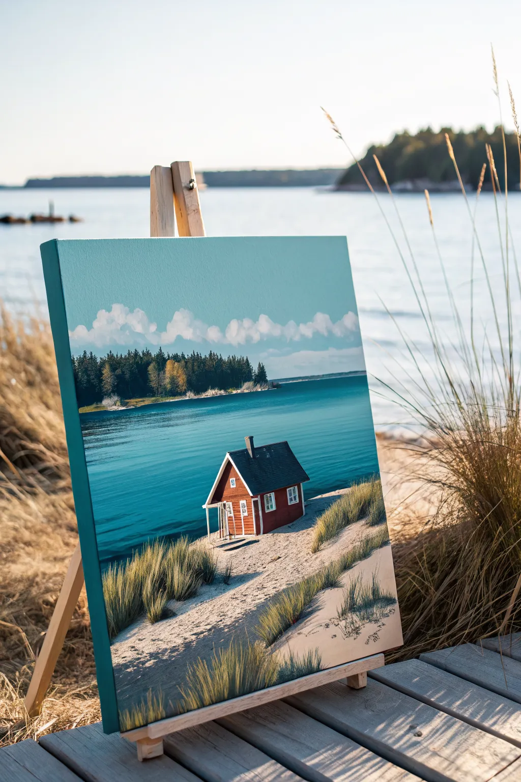 Easy lake house canvas idea with quick reflection strokes and bold minimalist Scandi colors