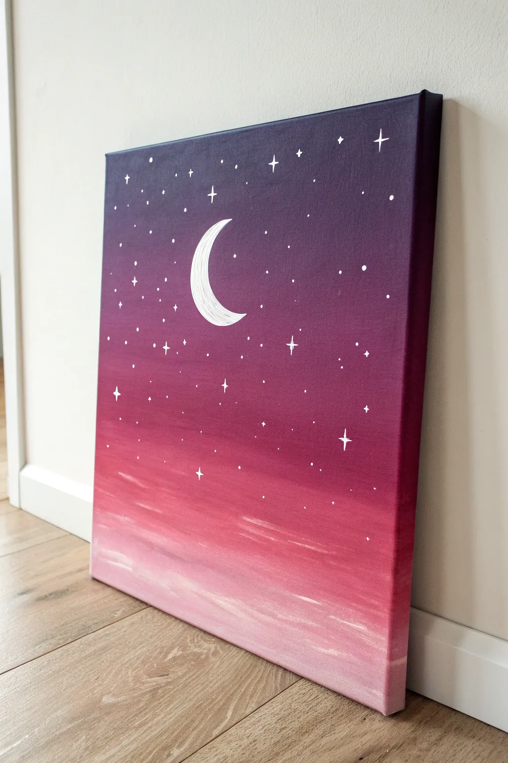 Pink night sky canvas with crisp crescent moon and tiny stars, minimalist boho vibe.