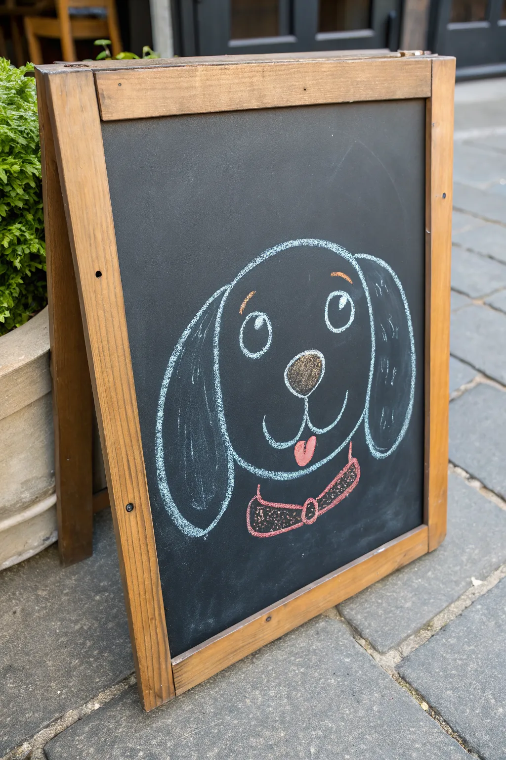 Floppy-eared puppy chalk doodle idea with bold lines, bright eyes, and a cute tongue pop