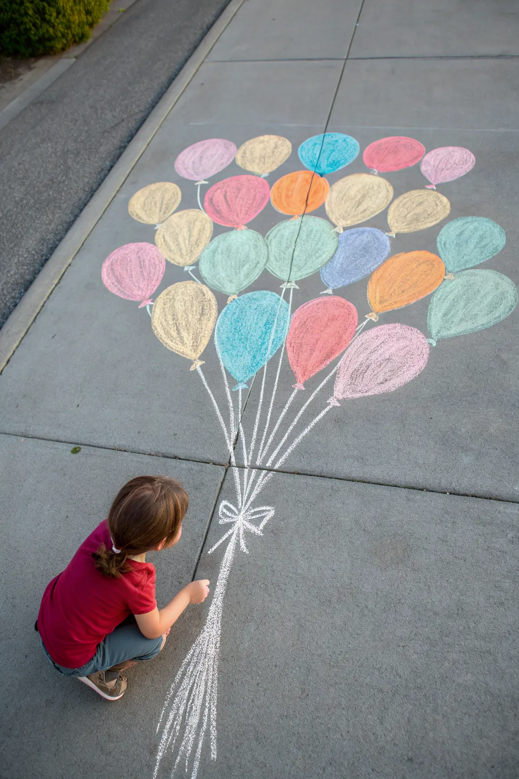 Driveway chalk balloon bouquet with strings to a tiny hand for the cutest photo spot