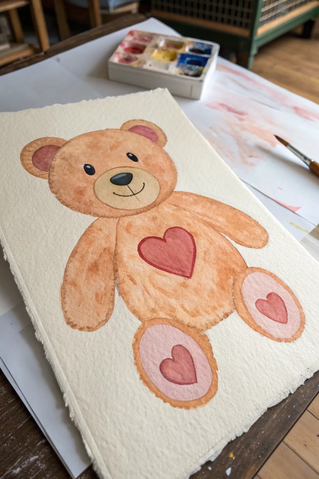 Chunky teddy bear buddy in flat colors, a simple character painting idea with bold contrast