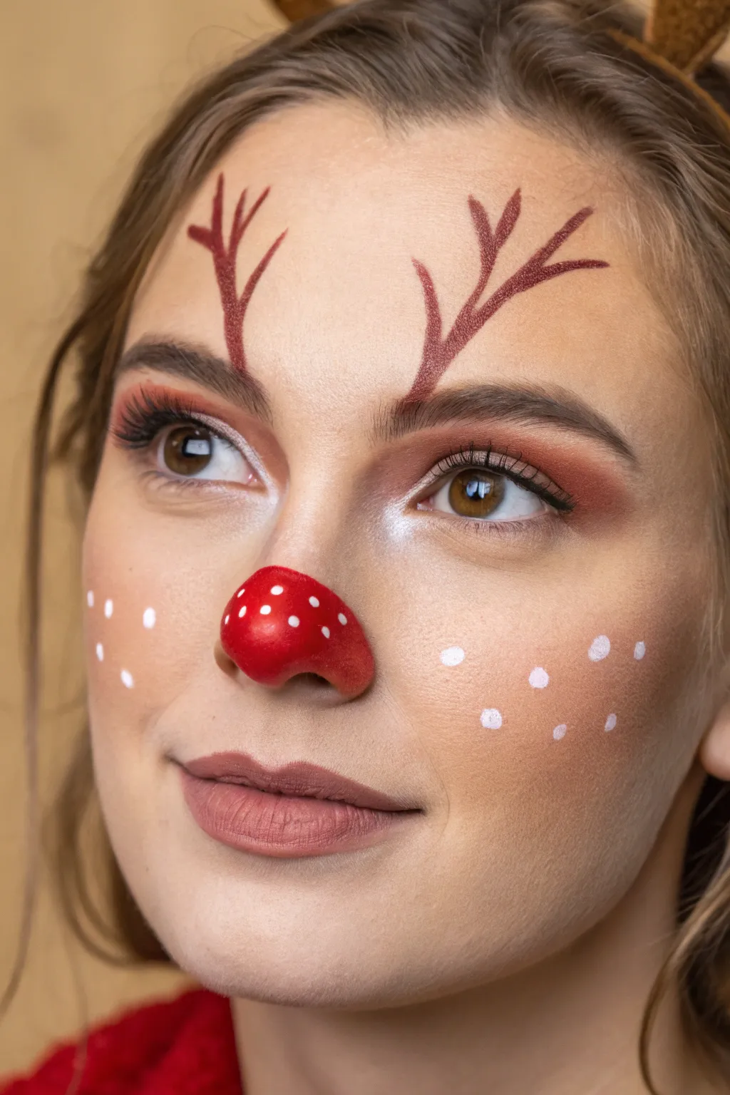 Bright Rudolph red nose and quick antlers make a festive face paint look in minutes