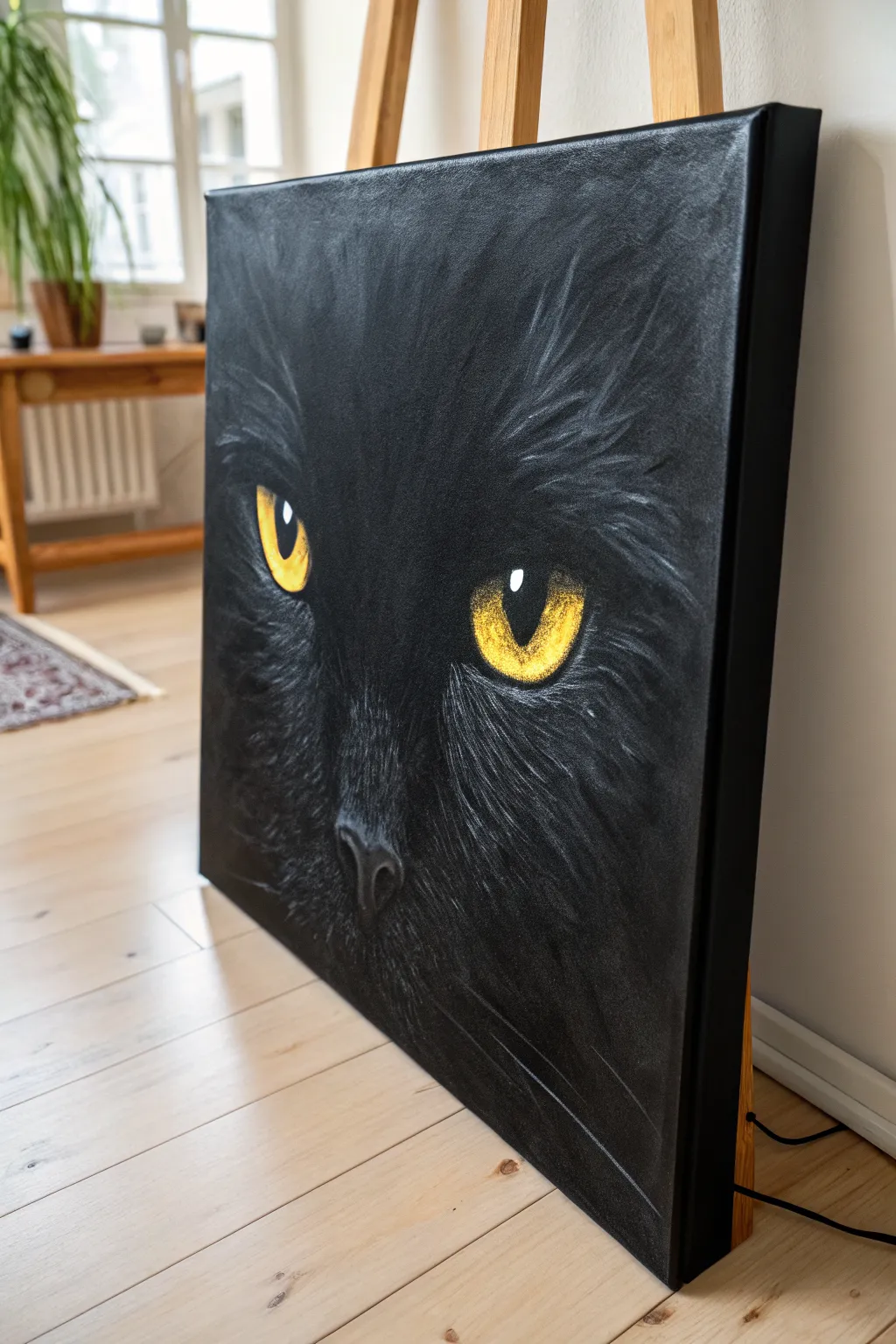 Glowing eyes on a near-black acrylic canvas, simple, creepy, and strikingly high-contrast