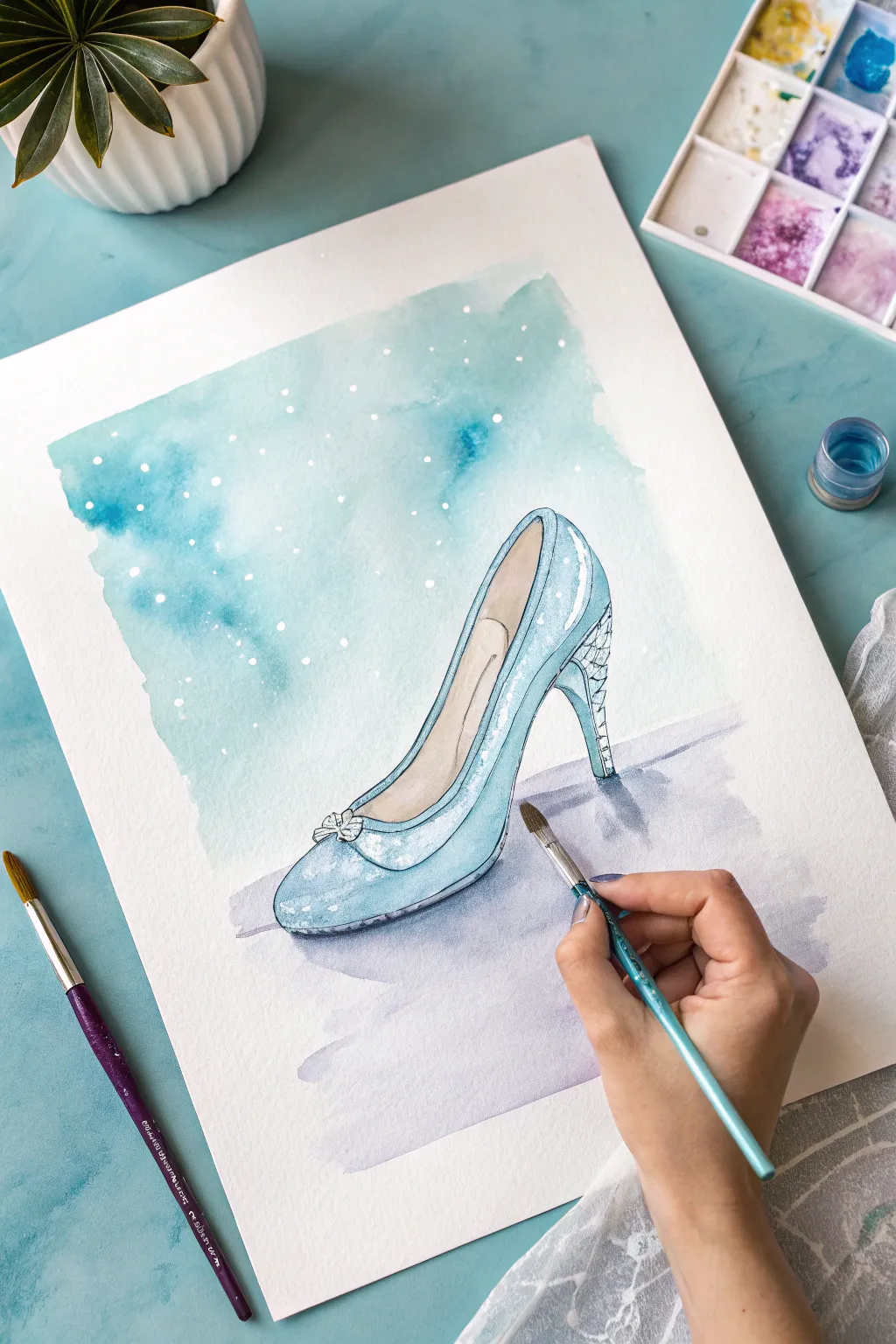 Minimal glass slipper painting on a dreamy sparkly wash, crisp lines, bold contrast, pure magic