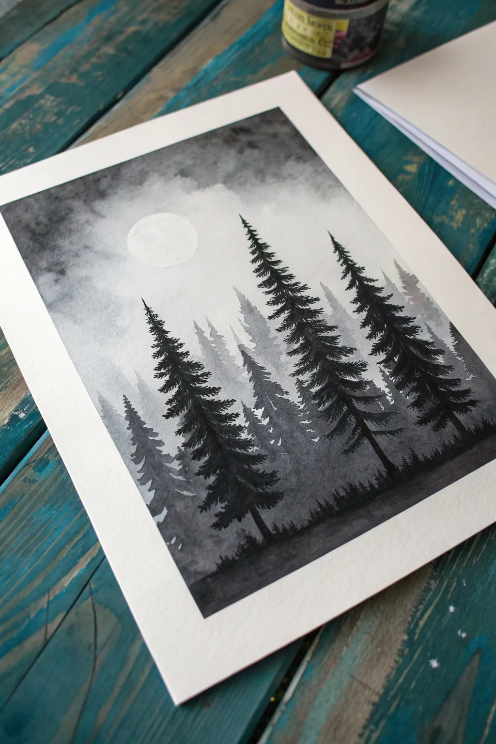 Moody pine forest silhouettes with a soft misty glow, a simple dark painting idea with bold contrast