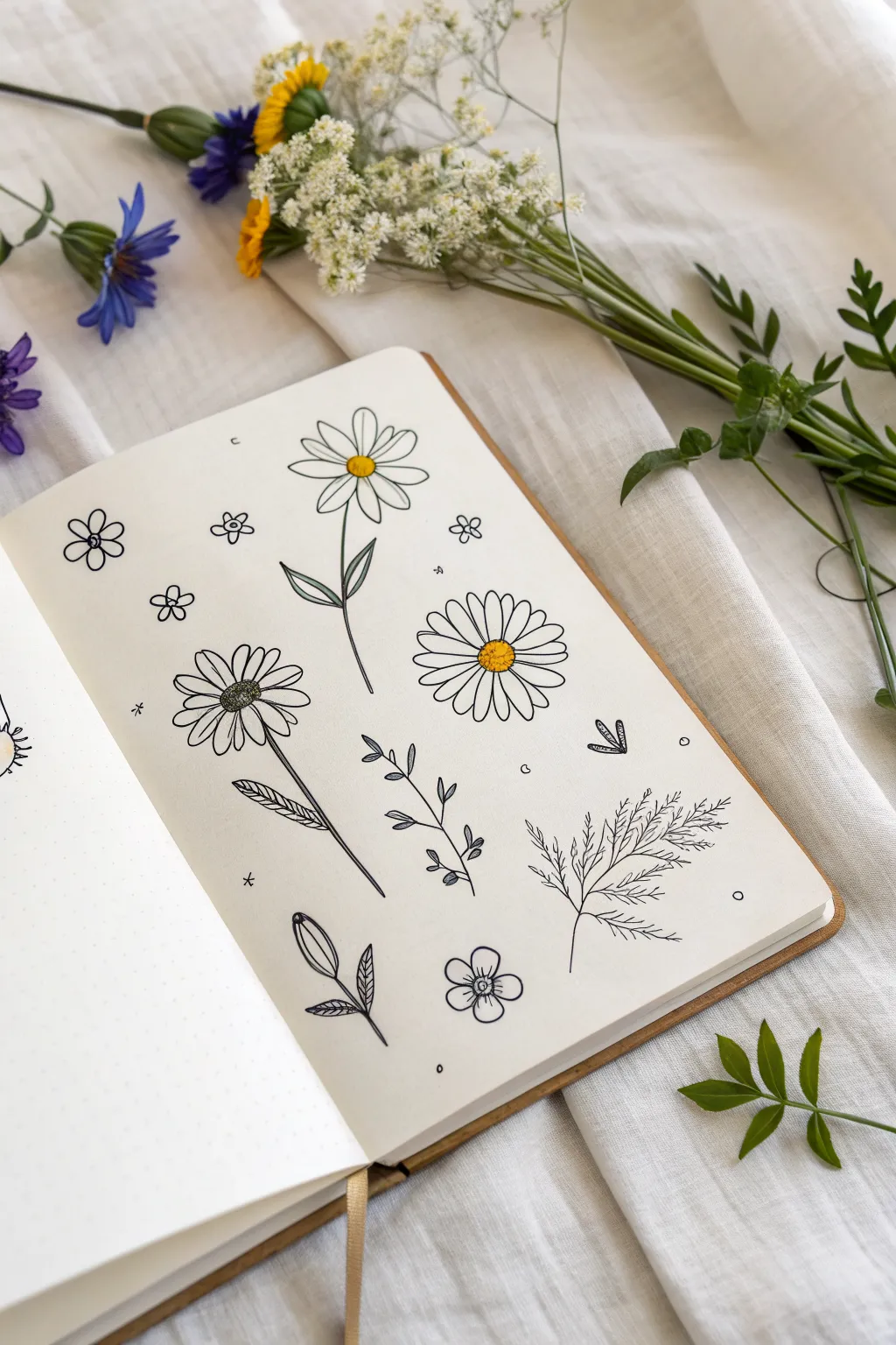 Easy flower doodles: simple daisies and buds with bold color pops on a clean sketchbook page